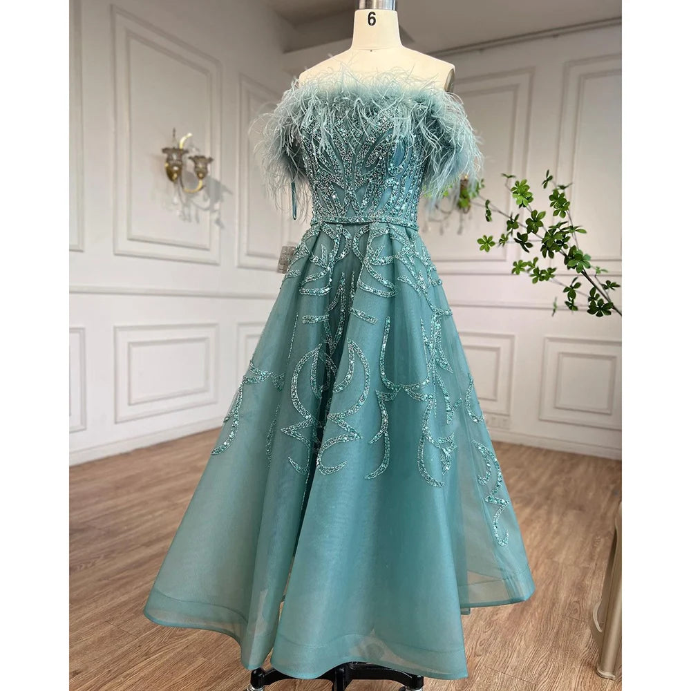 Serene Hill Arabic Lilac A-Line Ankle Length Beaded Feather Luxury Evening Dresses Gowns for Women Wedding Party 2025 LA71932 - SERENE HILL