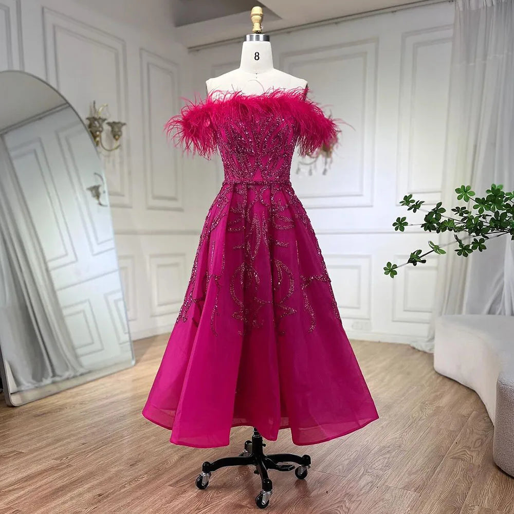 Serene Hill Arabic Lilac A-Line Ankle Length Beaded Feather Luxury Evening Dresses Gowns for Women Wedding Party 2025 LA71932 - SERENE HILL