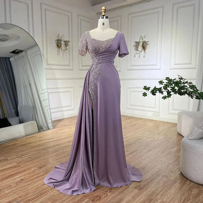 Serene Hill Arabic Lilac Mermaid Elegant Satin Beaded Luxury Dubai Gray Evening Dresses Gowns For Women Wedding Party LA72583 - SERENE HILL