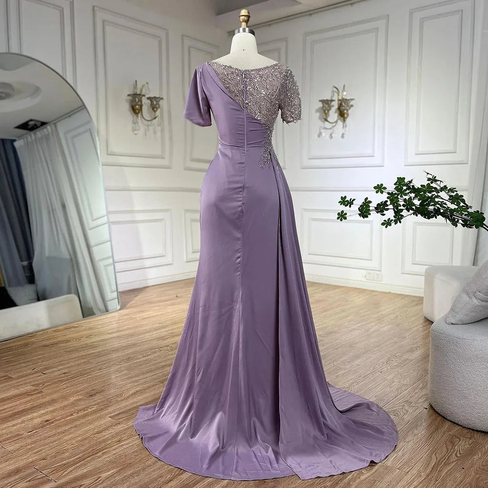 Serene Hill Arabic Lilac Mermaid Elegant Satin Beaded Luxury Dubai Gray Evening Dresses Gowns For Women Wedding Party LA72583 - SERENE HILL