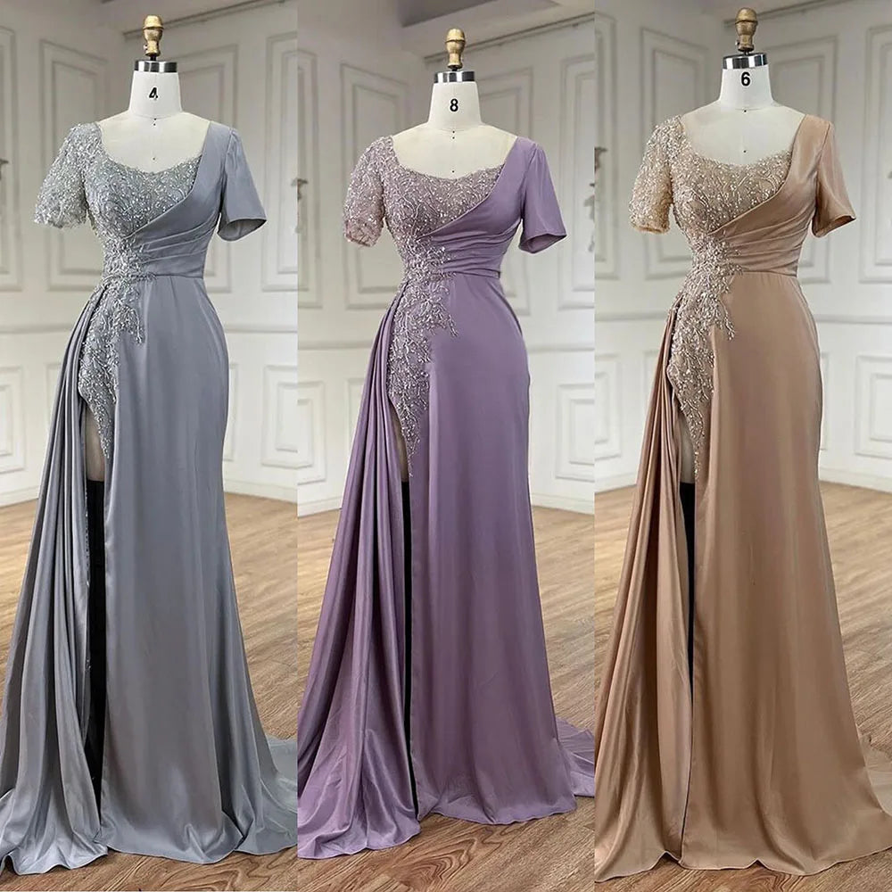 Serene Hill Arabic Lilac Mermaid Elegant Satin Beaded Luxury Dubai Gray Evening Dresses Gowns For Women Wedding Party LA72583 - SERENE HILL