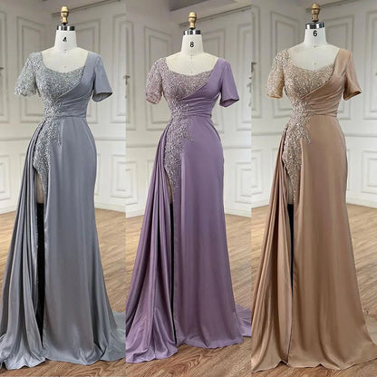 Serene Hill Arabic Lilac Mermaid Elegant Satin Beaded Luxury Dubai Gray Evening Dresses Gowns For Women Wedding Party LA72583 - SERENE HILL