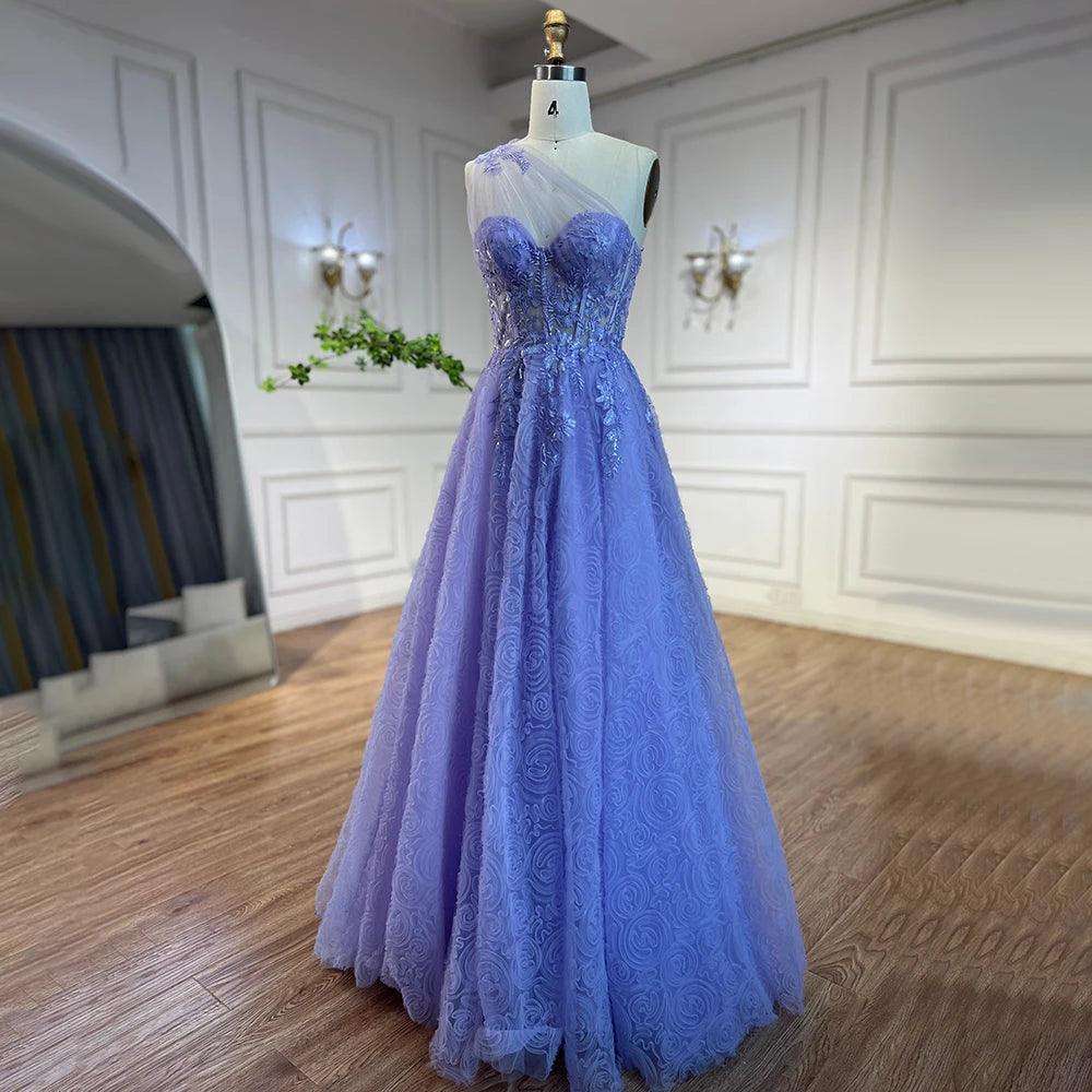 Luxury Lilac One-Shoulder A-Line Lace Prom Dress for Women&