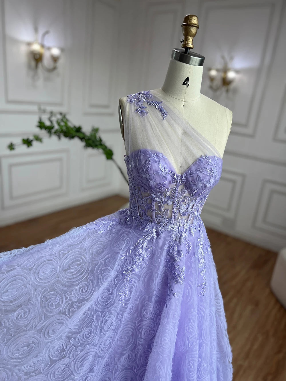 Luxury Lilac One-Shoulder A-Line Lace Prom Dress for Women&