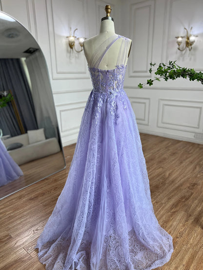Luxury Lilac One-Shoulder A-Line Lace Prom Dress for Women&
