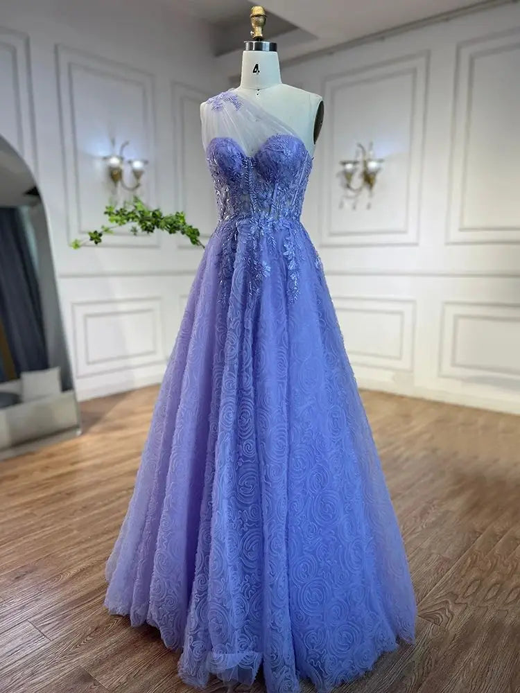 Luxury Lilac One-Shoulder A-Line Lace Prom Dress for Women&
