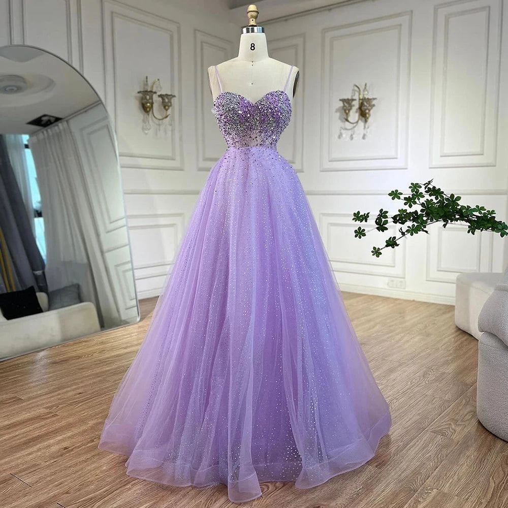 Serene Hill Arabic Lilac Spaghetti Strap A Line Beaded Luxury Dubai Evening Dresses Gowns for Women&