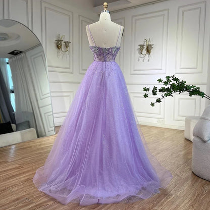 Serene Hill Arabic Lilac Spaghetti Strap A Line Beaded Luxury Dubai Evening Dresses Gowns for Women&