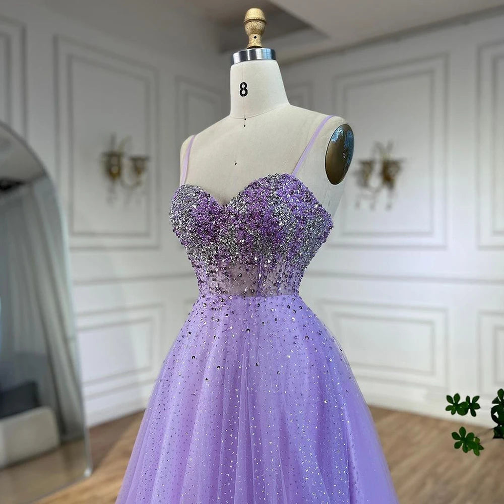 Serene Hill Arabic Lilac Spaghetti Strap A Line Beaded Luxury Dubai Evening Dresses Gowns for Women&