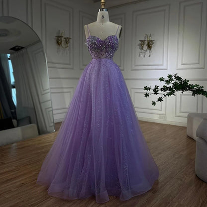 Serene Hill Arabic Lilac Spaghetti Strap A Line Beaded Luxury Dubai Evening Dresses Gowns for Women&