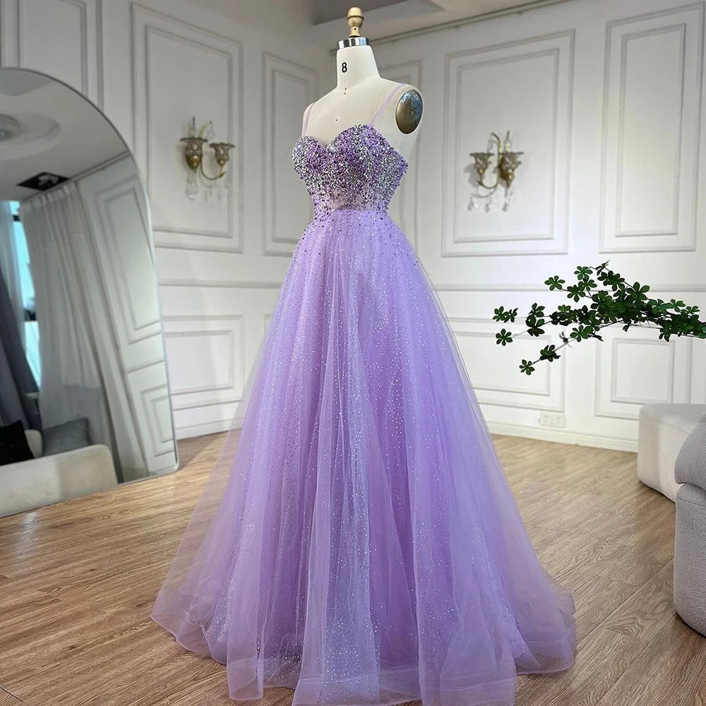 Serene Hill Arabic Lilac Spaghetti Strap A Line Beaded Luxury Dubai Evening Dresses Gowns for Women&