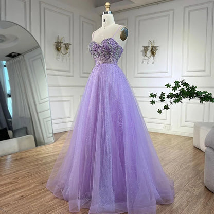 Serene Hill Arabic Lilac Spaghetti Strap A Line Beaded Luxury Dubai Evening Dresses Gowns for Women&