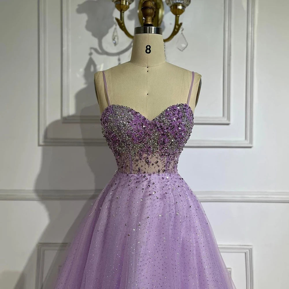 Serene Hill Arabic Lilac Spaghetti Strap A Line Beaded Luxury Dubai Evening Dresses Gowns for Women&