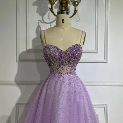 Serene Hill Arabic Lilac Spaghetti Strap A Line Beaded Luxury Dubai Evening Dresses Gowns for Women&