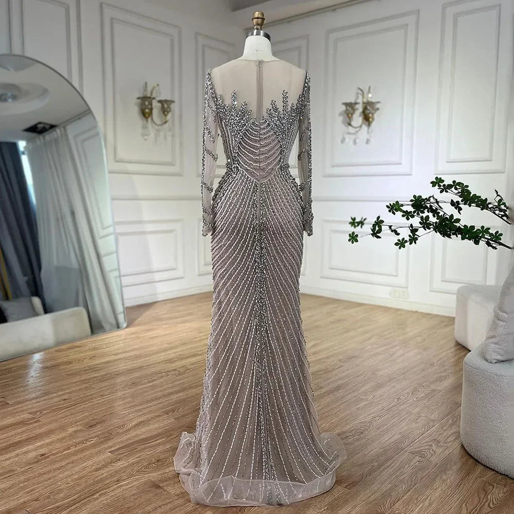 Muslim Elegant Crystal Pearls Evening Dresses With Long Sleeve LA72478 - sliver nude / 10 Muslim Elegant Crystal Pearls Evening Dresses With Long Sleeve LA72478 - sliver nude / 10