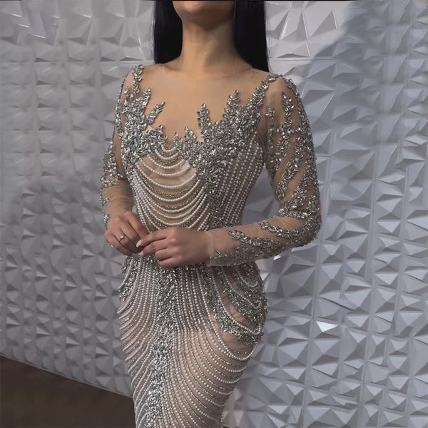 Muslim Elegant Crystal Pearls Evening Dresses With Long Sleeve LA72478