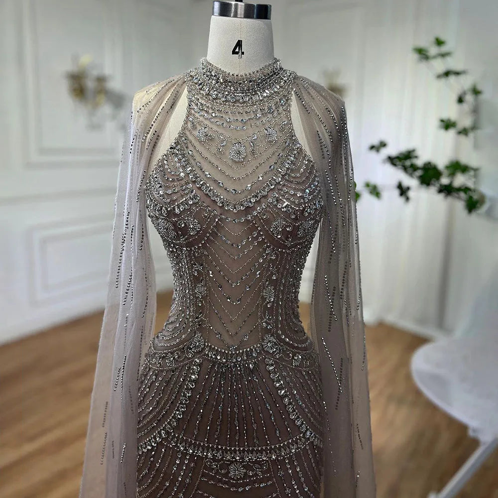Luxury Dubai Caramel Beaded Mermaid Evening Dress with Cape Sleeves LA72138 - SERENE HILL