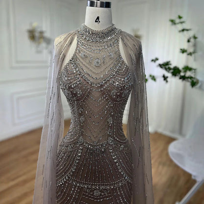 Luxury Dubai Caramel Beaded Mermaid Evening Dress with Cape Sleeves LA72138 - SERENE HILL