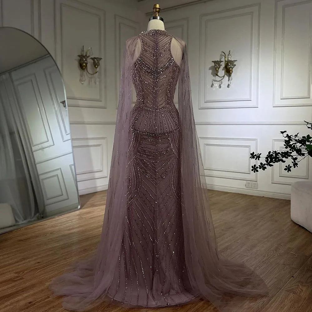 Luxury Dubai Caramel Beaded Mermaid Evening Dress with Cape Sleeves LA72138 - SERENE HILL