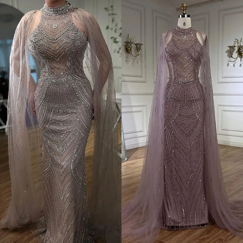 Luxury Dubai Caramel Beaded Mermaid Evening Dress with Cape Sleeves LA72138 - SERENE HILL