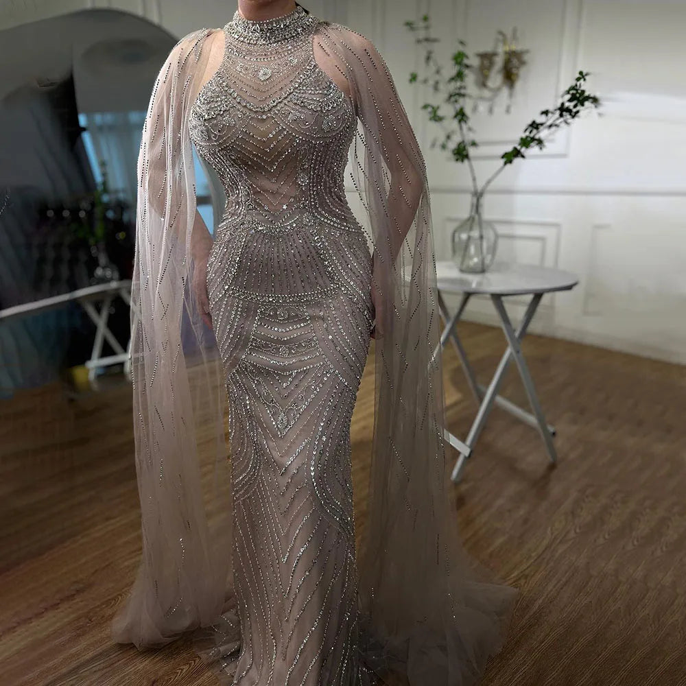 Luxury Dubai Caramel Beaded Mermaid Evening Dress with Cape Sleeves LA72138 - SERENE HILL