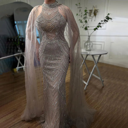 Luxury Dubai Caramel Beaded Mermaid Evening Dress with Cape Sleeves LA72138 - SERENE HILL