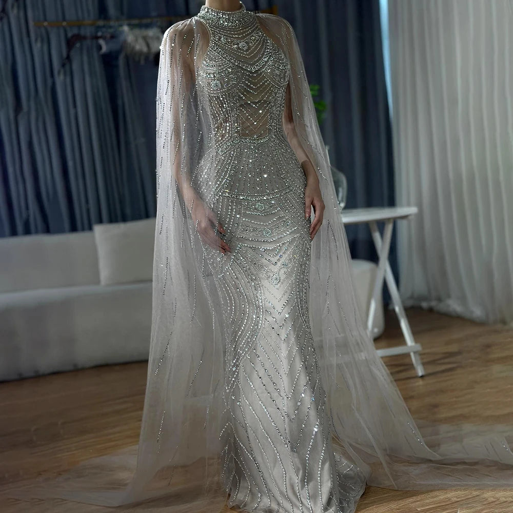 Luxury Dubai Caramel Beaded Mermaid Evening Dress with Cape Sleeves LA72138 - SERENE HILL