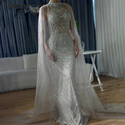 Luxury Dubai Caramel Beaded Mermaid Evening Dress with Cape Sleeves LA72138 - SERENE HILL
