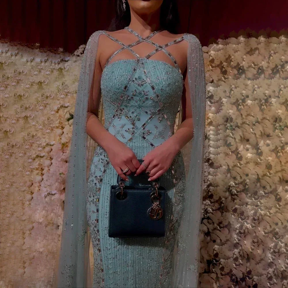 Luxury Aqua Lilac Mermaid Evening Dress with Cape Sleeves LA71905 - SERENE HILL