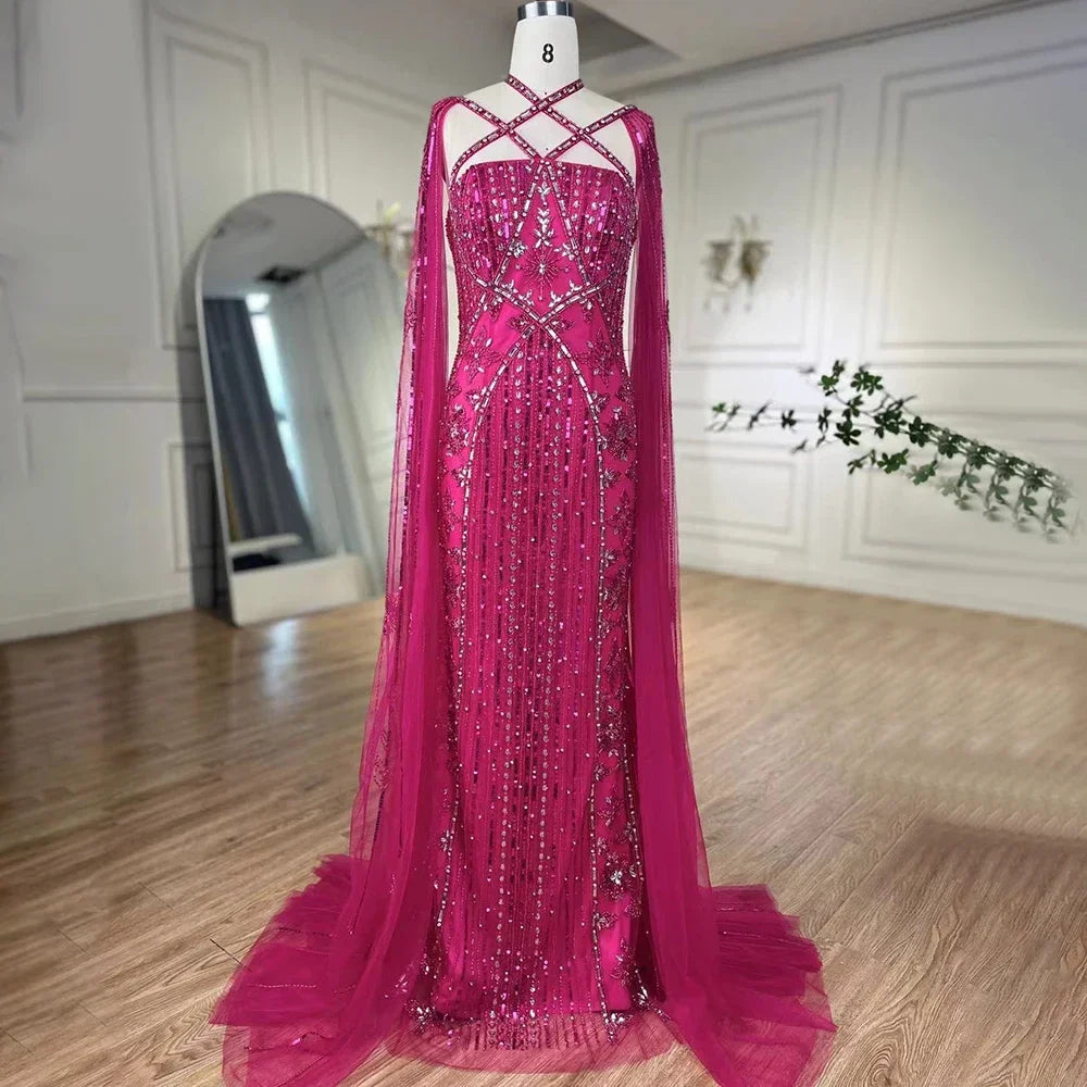 Luxury Aqua Lilac Mermaid Evening Dress with Cape Sleeves LA71905 - SERENE HILL