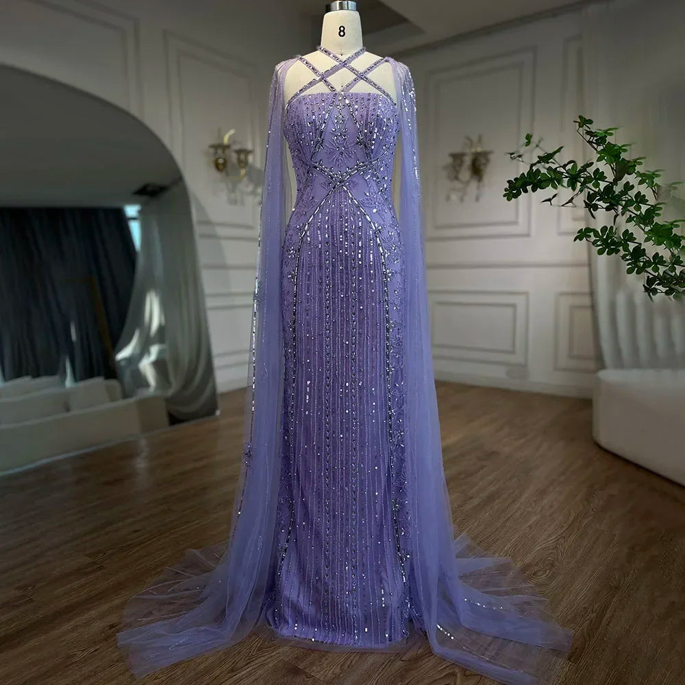 Luxury Aqua Lilac Mermaid Evening Dress with Cape Sleeves LA71905 - SERENE HILL