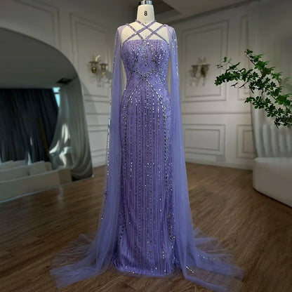 Luxury Aqua Lilac Mermaid Evening Dress with Cape Sleeves LA71905 - SERENE HILL
