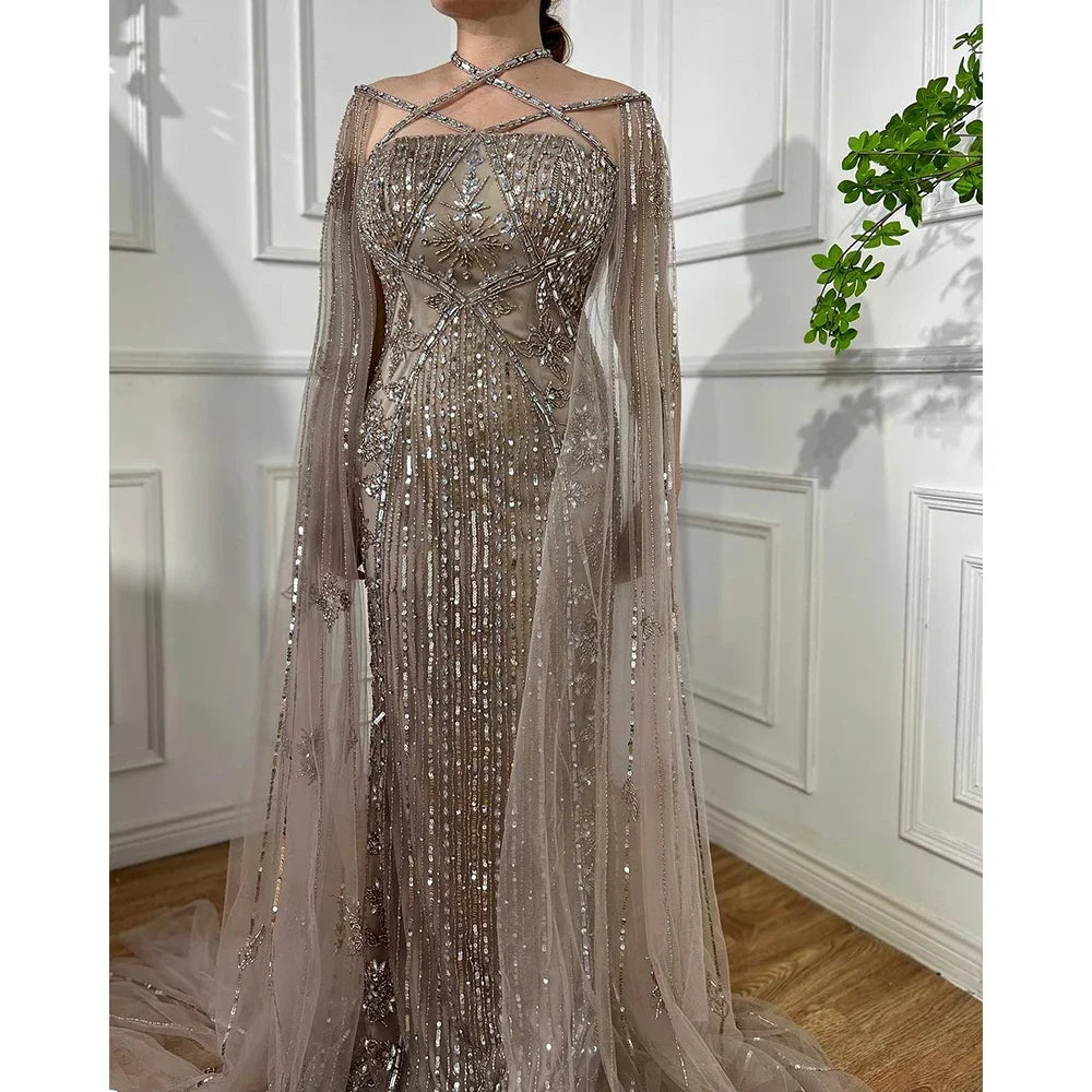 Luxury Aqua Lilac Mermaid Evening Dress with Cape Sleeves LA71905 - SERENE HILL