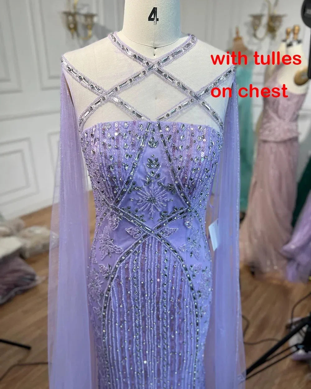 Luxury Aqua Lilac Mermaid Evening Dress with Cape Sleeves LA71905 - SERENE HILL