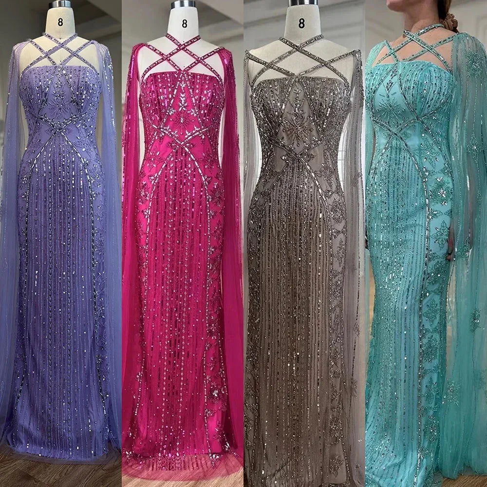 Luxury Aqua Lilac Mermaid Evening Dress with Cape Sleeves LA71905 - SERENE HILL