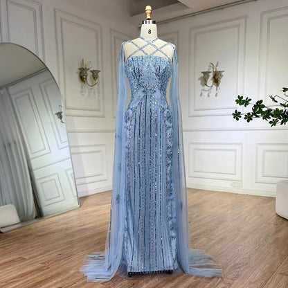 Luxury Aqua Lilac Mermaid Evening Dress with Cape Sleeves LA71905 - SERENE HILL