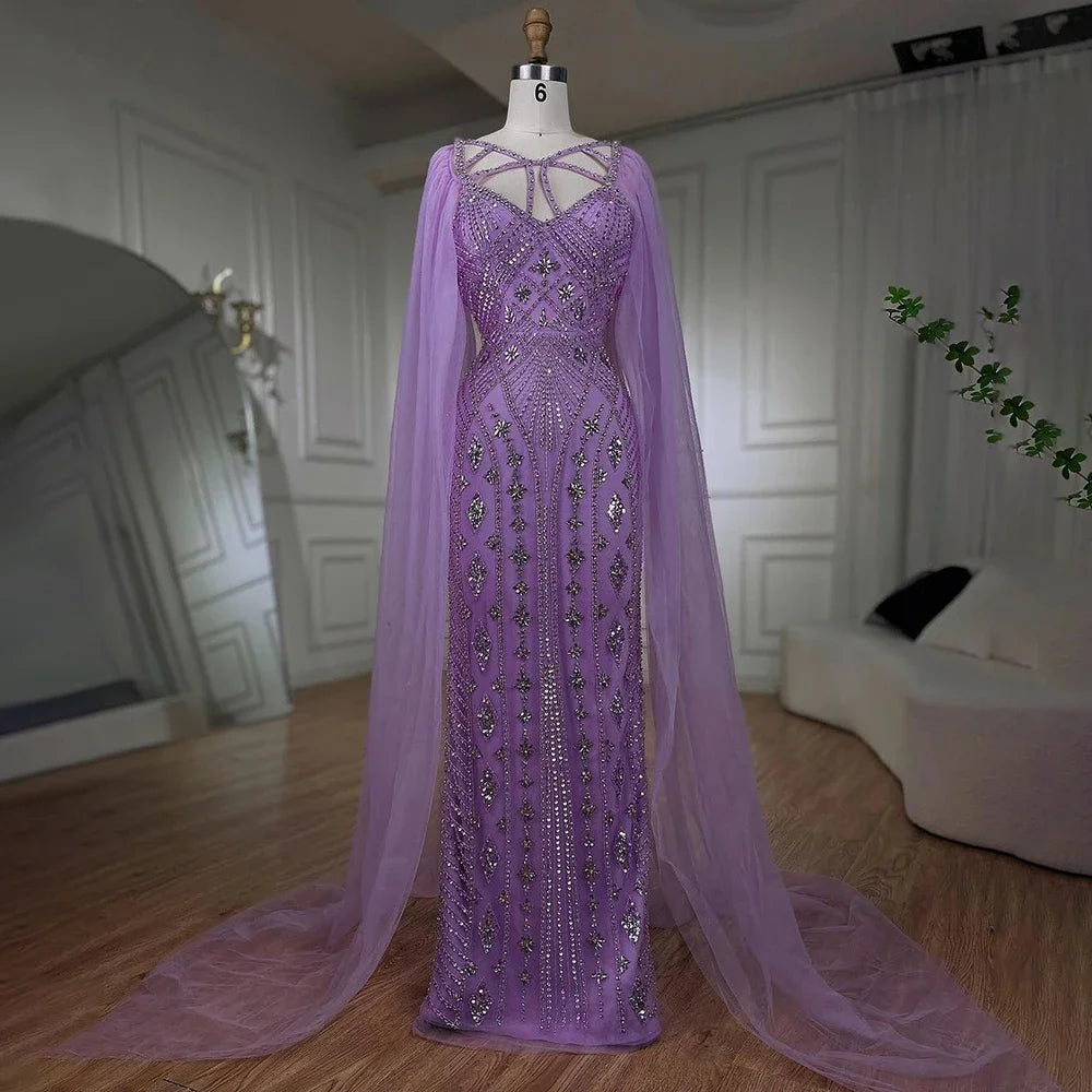 Serene Hill Arabic Luxury Dubai Mermaid Elegant Lilac Shawl Yarn Beaded Evening Dresses Gowns 2025 For Women Party LA72186 - SERENE HILL