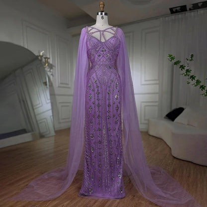 Serene Hill Arabic Luxury Dubai Mermaid Elegant Lilac Shawl Yarn Beaded Evening Dresses Gowns 2025 For Women Party LA72186 - SERENE HILL