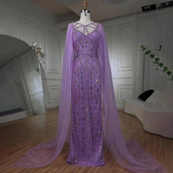 Serene Hill Arabic Luxury Dubai Mermaid Elegant Lilac Shawl Yarn Beaded Evening Dresses Gowns 2025 For Women Party LA72186