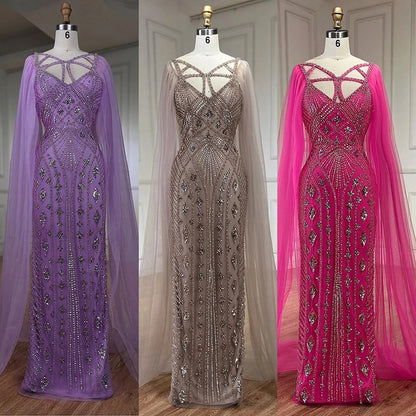Serene Hill Arabic Luxury Dubai Mermaid Elegant Lilac Shawl Yarn Beaded Evening Dresses Gowns 2025 For Women Party LA72186 - SERENE HILL