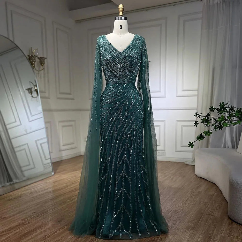 Serene Hill Arabic Mermaid Blue Beaded Elegant Cape Sleeves Luxury Evening Dress Gown For Women Wedding Party 2025 LA71493A - SERENE HILL