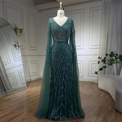 Serene Hill Arabic Mermaid Blue Beaded Elegant Cape Sleeves Luxury Evening Dress Gown For Women Wedding Party 2025 LA71493A - SERENE HILL