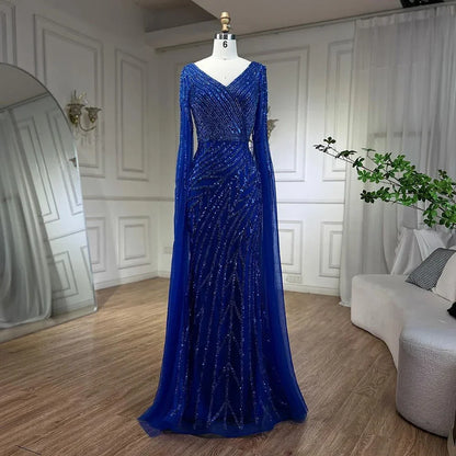 Serene Hill Arabic Mermaid Blue Beaded Elegant Cape Sleeves Luxury Evening Dress Gown For Women Wedding Party 2025 LA71493A - SERENE HILL