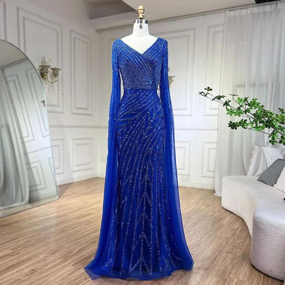 Serene Hill Arabic Mermaid Blue Beaded Elegant Cape Sleeves Luxury Evening Dress Gown For Women Wedding Party 2025 LA71493A - SERENE HILL