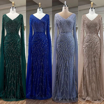 Serene Hill Arabic Mermaid Blue Beaded Elegant Cape Sleeves Luxury Evening Dress Gown For Women Wedding Party 2025 LA71493A - SERENE HILL