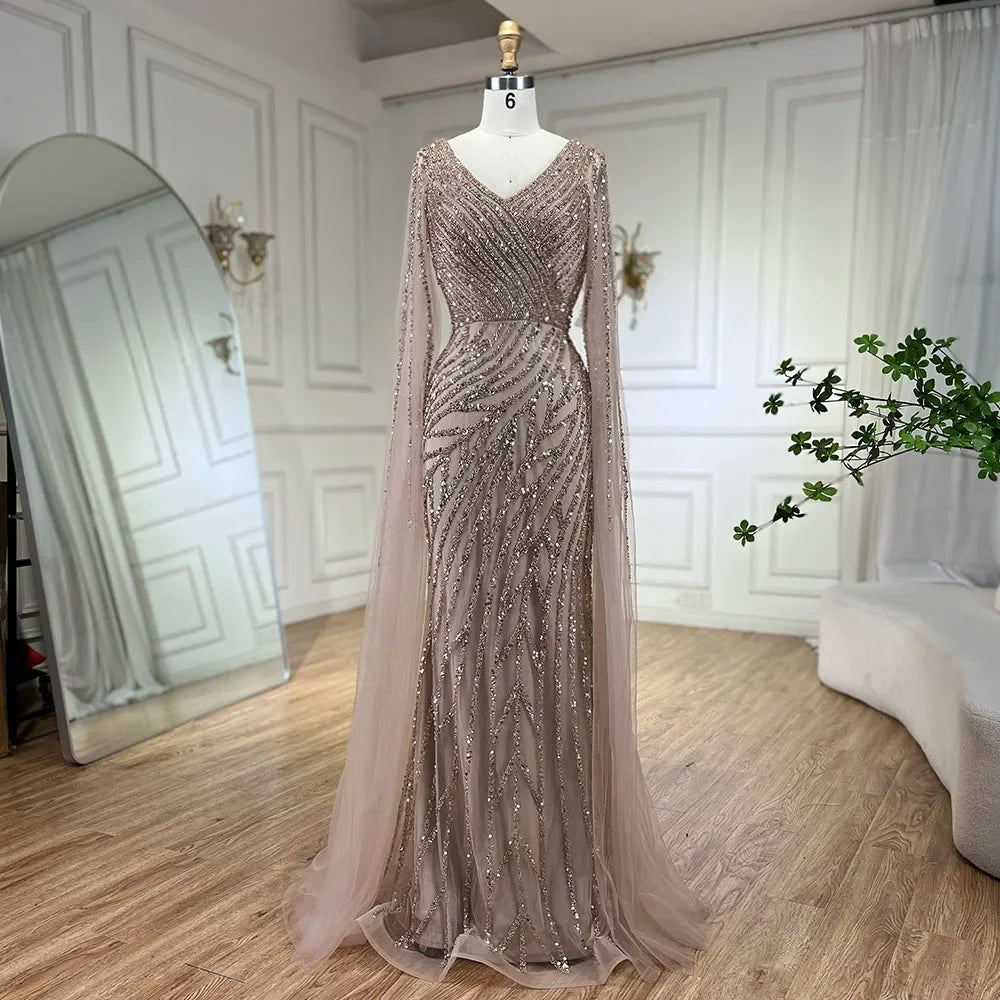 Serene Hill Arabic Mermaid Blue Beaded Elegant Cape Sleeves Luxury Evening Dress Gown For Women Wedding Party 2025 LA71493A - SERENE HILL