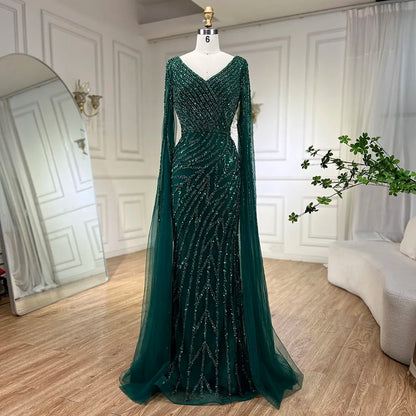 Serene Hill Arabic Mermaid Blue Beaded Elegant Cape Sleeves Luxury Evening Dress Gown For Women Wedding Party 2025 LA71493A - SERENE HILL