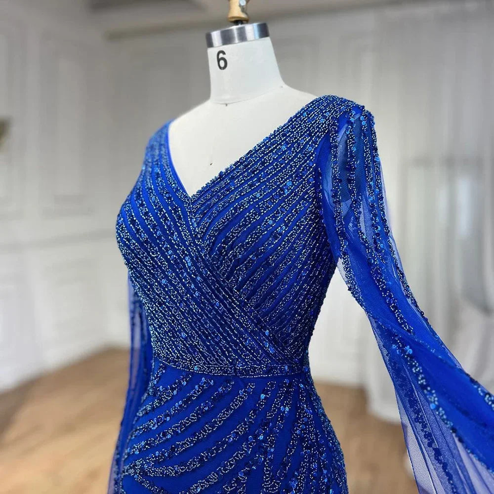 Serene Hill Arabic Mermaid Blue Beaded Elegant Cape Sleeves Luxury Evening Dress Gown For Women Wedding Party 2025 LA71493A - SERENE HILL