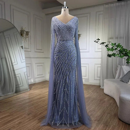 Serene Hill Arabic Mermaid Blue Beaded Elegant Cape Sleeves Luxury Evening Dress Gown For Women Wedding Party 2025 LA71493A - SERENE HILL
