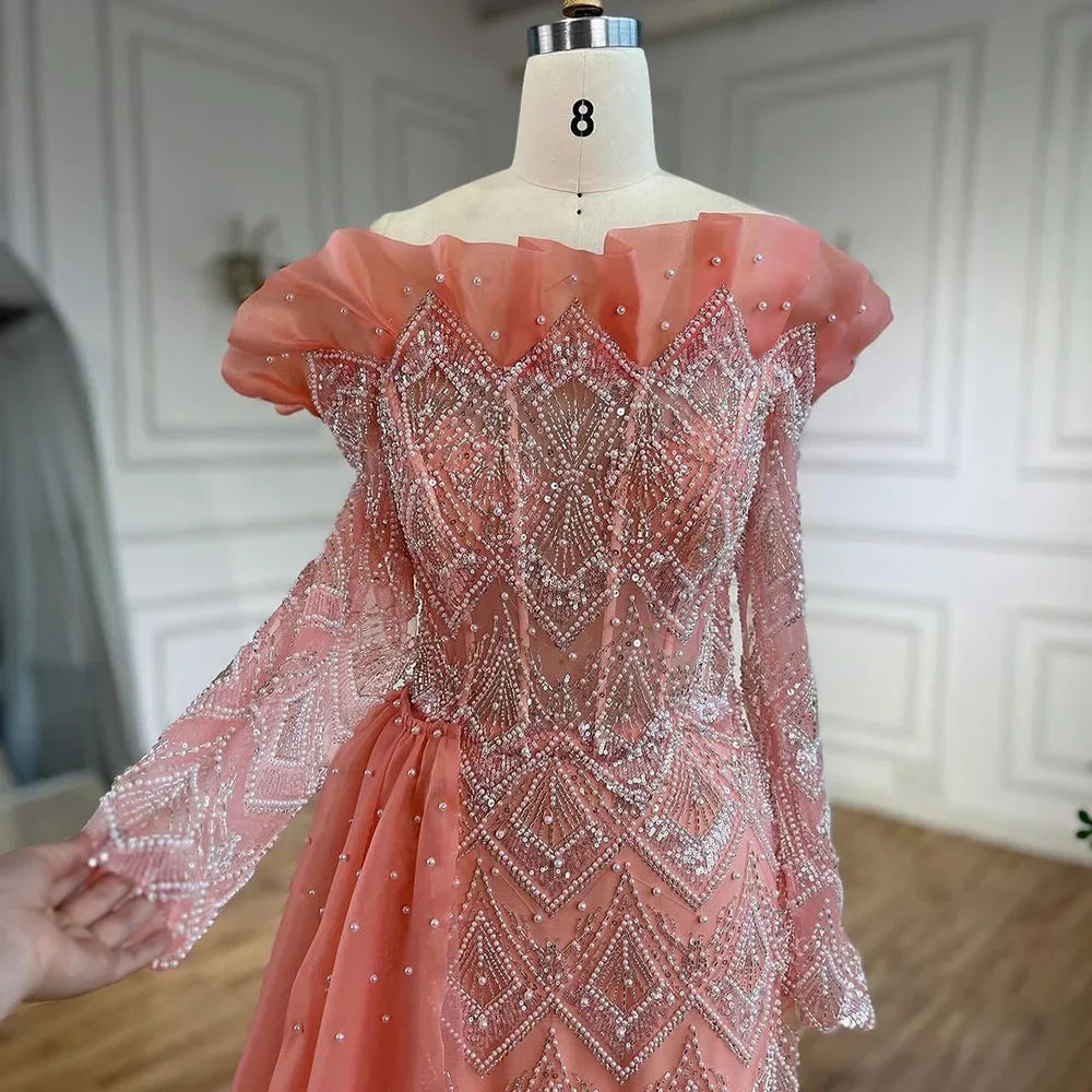 Serene Hill Arabic Mermaid Elegant Orange Luxury Evening Dresses Gowns Pearls Beaded For Women Party 2025 LA71649A - SERENE HILL